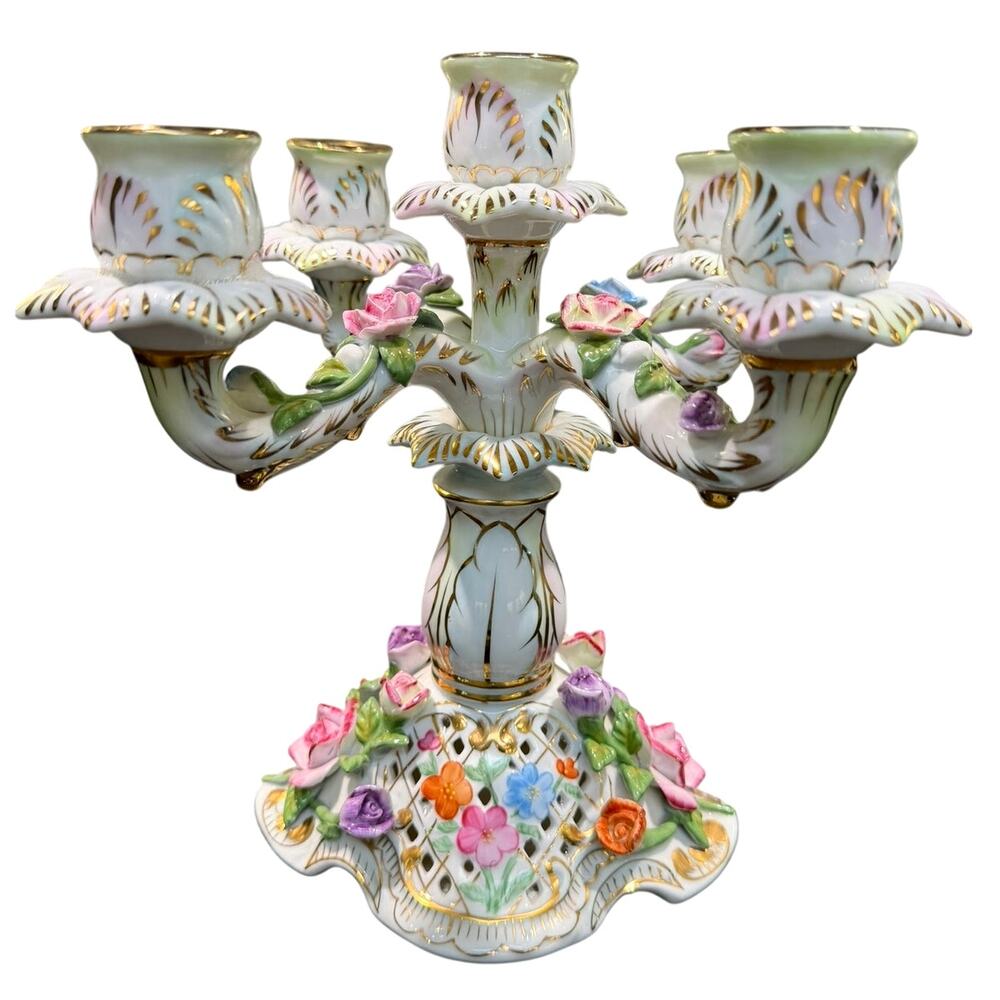 Vintage KPM Porcelain 5 Light Candelabra Applied Roses Gilt 10" Germany